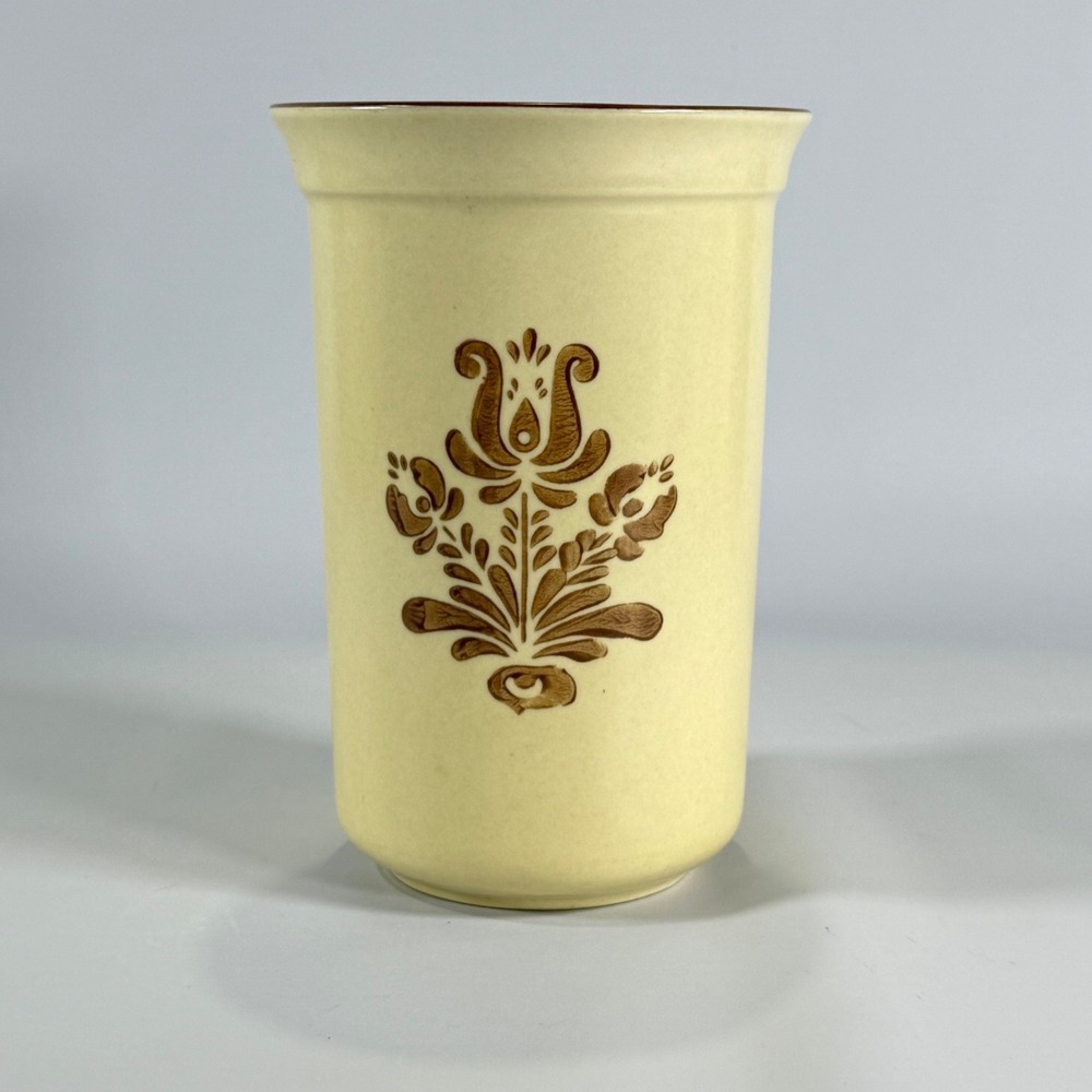 VTG Pfaltzgraff Village Stoneware Crock Utensil Holder Vase Tan Brown Floral USA